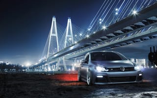 Картинка Volkswagen, Front, Low, Bridge, Golf R, Car, Night