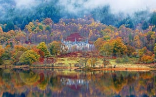 Картинка осень, озеро, Шотландия, Акрей, Tigh Mor Trossachs, замок