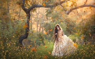 Картинка осень, девочка, цветы, дерево, платье, длинные волосы