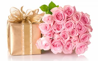 Картинка цветы, букет, бант, коробка, подарок, розы, розовые