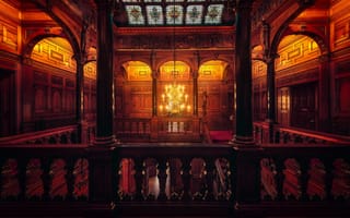 Картинка лестница, stained glass, Hernan Calderon Velasco, люстра, columns, stairs, витраж, chandelier, колонны