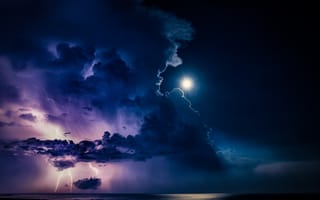 Картинка гроза, Takafumi Yamashita, lightning, clouds, Луна, thunderstorm, moon, молнии, тучи