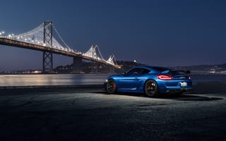 Обои Porsche, Rear, Blue, Sport, Night, GT4, Car, Bridge, Cayman, Dark