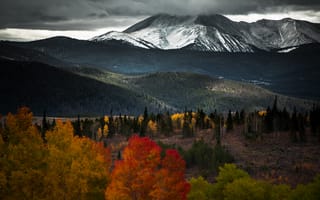 Картинка снег, горы, вершины, снежные, осень, холмы, вид, деревья