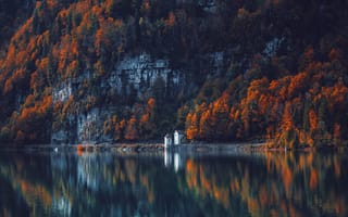 Картинка осень, лес, горы, темный, вода, озеро, деревья, отражение