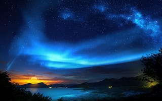 Картинка небо, солнце, космос, пейзаж, горы, звезды, облака, закат