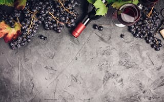Картинка листья, урожай, бутылка, бокал, вино, Виноград