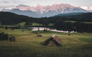 Картинка лес, лето, скалы, отражение, туман, цветы, озеро, горы