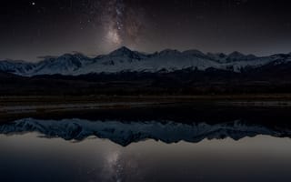 Картинка зима, звезды, ночь, отражение, озеро, горы, снег, темнота