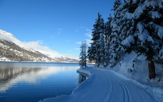 Обои зима, дорога, снег, Lake Silvaplana, Сильваплана, Озеро Сильваплана, деревья, Silvaplana, Швейцария, Switzerland, ели, горы, озеро