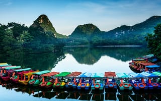 Картинка river, mountains, boat, lagoon, lake