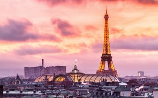 Картинка закат, Франция, Париж, Paris, Эйфелева башня, дома, крыши, здания