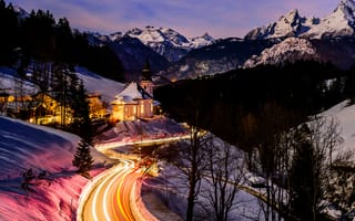 Картинка зима, дорога, пейзаж, Германия, горы, природа, освещение, Бавария