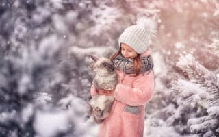 Картинка зима, Марта Козел, девочка, друзья, шубка, кролик, шапка, снег
