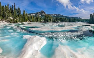 Картинка зима, лес, замёрзшее озеро, Орегон, снег, горы, панорама, лёд