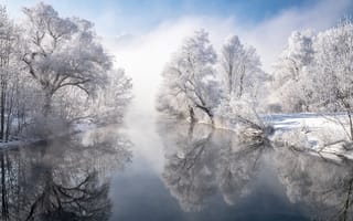 Картинка зима, деревья, Германия, Bavaria, Germany, отражение, Бавария, Река Лойзах, река, Loisach River