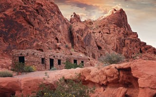 Картинка небо, облака, природа, США, горы, деревья, Аризона, скалы