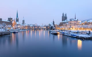 Картинка зима, Switzerland, Zürich, здания, река, Limmat River, Река Лиммат, Цюрих, Швейцария, причал, дома