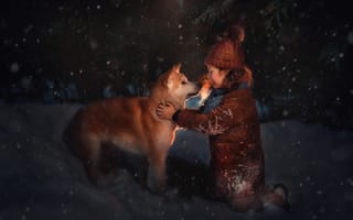 Картинка зима, вечер, снег, девочка, пёс, Пипкина Оксана, друг, собака, ребёнок