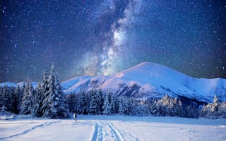 Картинка Зима, Горы, Снег, Mountains, Зимний ночной пейзаж, Snow, Winter night landscape, Winter, Starry sky, Звездное небо