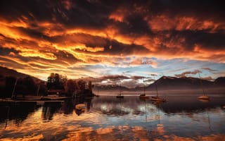 Картинка пейзаж, закат, Тунское озеро, горы, озеро, Швейцария, природа, лолки