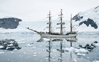 Картинка море, снег, горы, Барк Европа, Антарктика, парусник