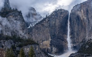 Картинка небо, снег, национальный парк Йосемити, тучи, скалы, США, горы, Yosemite National Park, деревья, водопад, USA, природа