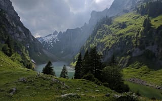 Картинка небо, облака, Швейцария, тучи, озеро, деревья, природа, горы, Switzerland, Alpstein, скалы, Fälensee Lake, снег