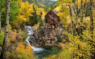 Обои осень, лес, водопад, Кристал-милл, Crystal Mill, Колорадо, река, Crystal River, Colorado, деревья, Река Кристал, водяная мельница
