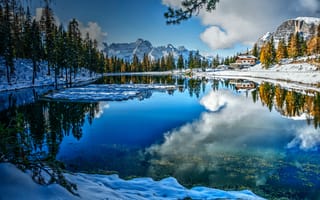 Картинка зима, лес, дом, снег, Доломитовые Альпы, Dolomites, отражение, озеро, Lake Misurina, горы, Озеро Мизурина, Italy, Италия