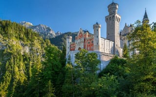 Картинка лес, горы, Германия, Bavaria, Germany, замок, Neuschwanstein Castle, Швангау, Замок Нойшванштайн, Баварские Альпы, Schwangau, Bavarian Alps, Бавария