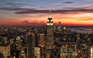 Картинка закат, здания, Нью-Йорк, дома, ночной город, Manhattan, New York City, небоскрёбы, Манхэттен