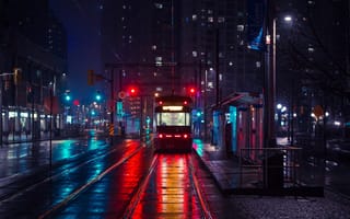 Картинка улица, Канада, Canada, Toronto, night city, Торонто, трамвай, tram, ночной город, Filip Mroz