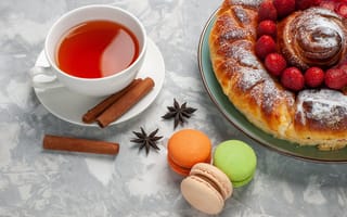 Картинка ягоды, чай, бадьян, кружка, пирог, чашка, выпечка, корица, макарон, булка