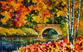 Картинка осень, листья, Leonid Afremov, живопись, деревья, речка, мост, вода