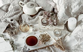 Картинка цветы, чай, свечи, стиль, чашка, чайник, кружка, плед