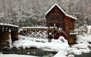 Картинка river, bridge, winter, snow, mill