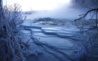 Картинка зима, река, Торос, кусты