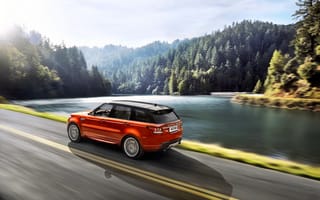 Картинка Озеро, Лес, Range Rover, Вид с боку, Land Rover, Оранжевый, Sport, Дорога, Авто