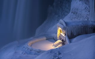 Картинка зима, снег, Niagara Falls, Ontario, смотровая площадка, Онтарио, Ниагарский водопад, сосульки, Canada, Канада, водопад