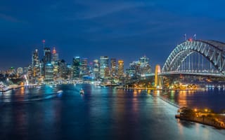 Картинка мост, здания, Port Jackson Bay, панорама, ночной город, залив, Австралия, Залив Порт Джэксон, Sydney, Australia, небоскрёбы, Харбор-Бридж, Harbour Bridge, Сидней, дома