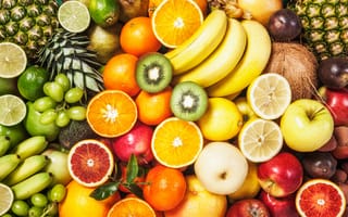 Картинка лимон, яблоки, виноград, апельсин, фрукты, бананы, кокос, киви