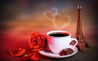 Обои пар, красная, La tour Eiffel, чашка, кофе, роза, статуэтка, шоколад, Эйфелева башня, лепестки, сердце