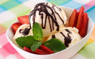 Обои мороженое, десерт, клубника, ягоды, мята, шоколад