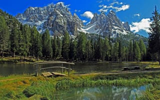 Картинка лес, горы, Dolomites, озеро, мостик, Доломитовые Альпы, Italy, Италия