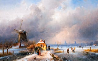 Картинка Charles Leickert, Конькобежцы на озере рядом с ветряной мельницей, Картина, Зима, Люди, Бельгийский художник, Шарль Лейкерт, Дома