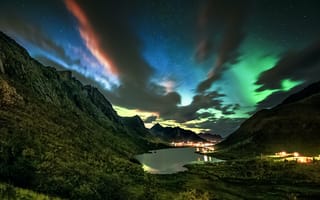 Картинка небо, горы, красота, простор, lights, sky, огни, озеро