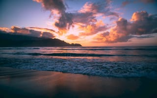 Картинка горы, волна, seashore, Roberto Nickson, багрянец неба, закат солнца, простор, evening, sunset, beauty, вечер, expanse, берег моря, mountains, красота, wave