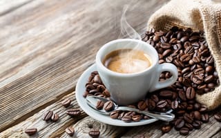 Картинка стол, доски, пара, горячий, чашка, кружка, кофе, ложка