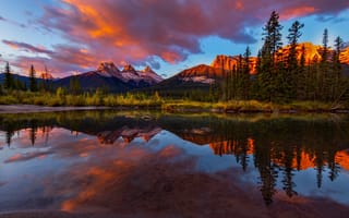 Картинка деревья, горы, утро, рассвет, река, Альберта, Канада, отражение